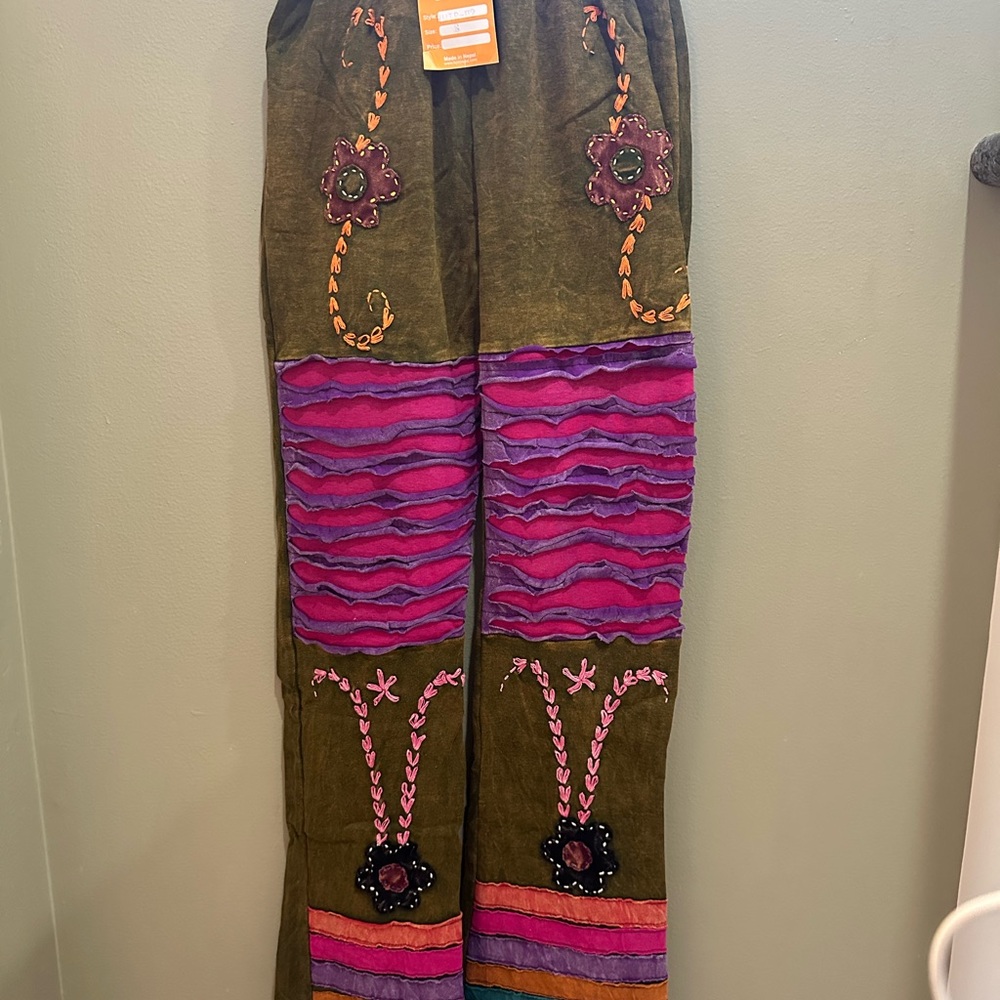 Handmade Green Pants with Floral Embroidery
